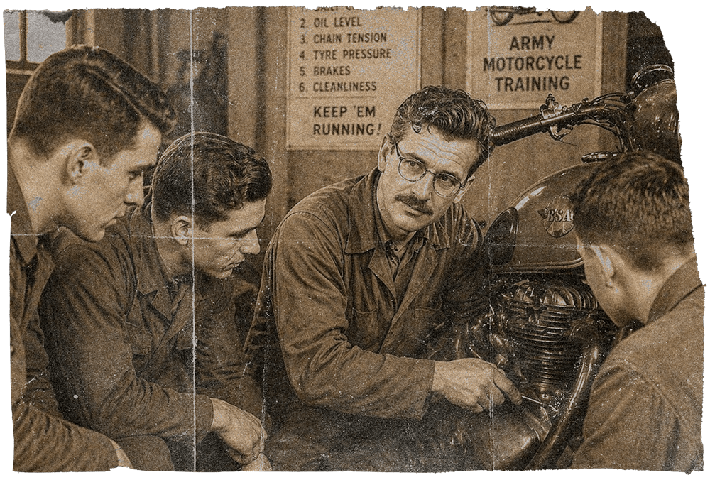 Mechanics repair a vintage motorcycle engine in an Army motorcycle training shop.