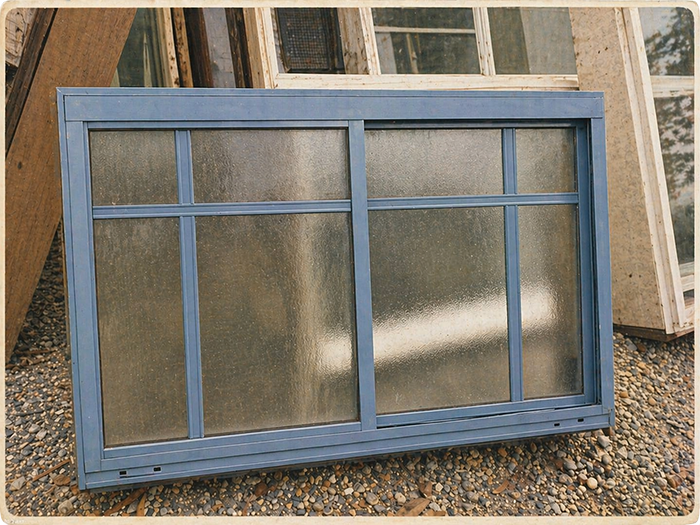 Blue window frame with frosted glass panes leaning on gravel outdoors.
